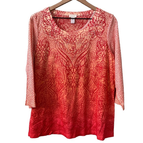 Chico’s Embellished 3/4 Sleeve Geo Print Scoop Neck Top Size 2 | Large (12) - Picture 2 of 6